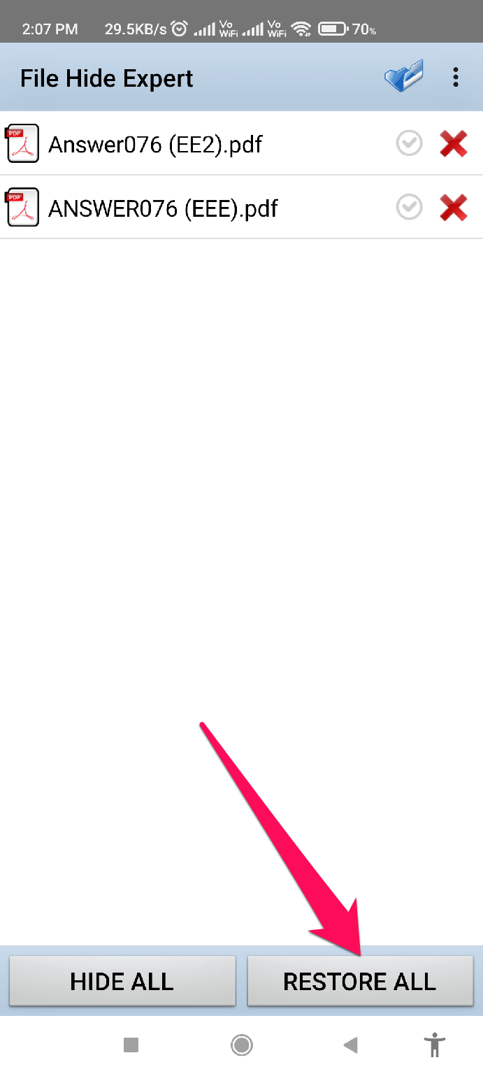 How to Hide Files on Android? 4 tap on restore button