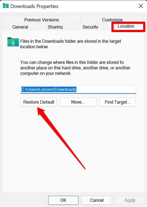 restore default location of folder