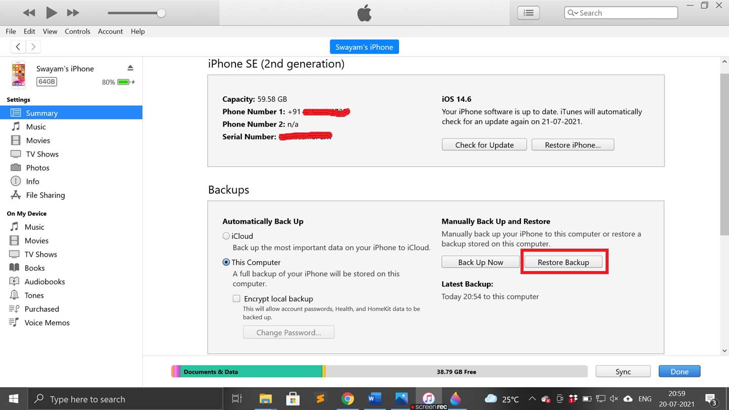 How to Fix Camera Icon Missing on iPhone? 15 restore the local backup using iTunes