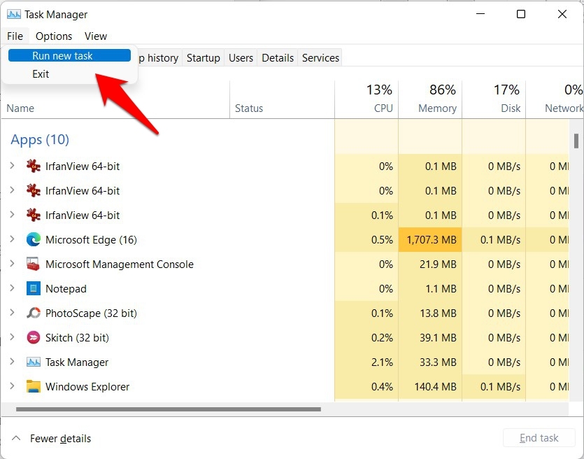 run new task via task manager