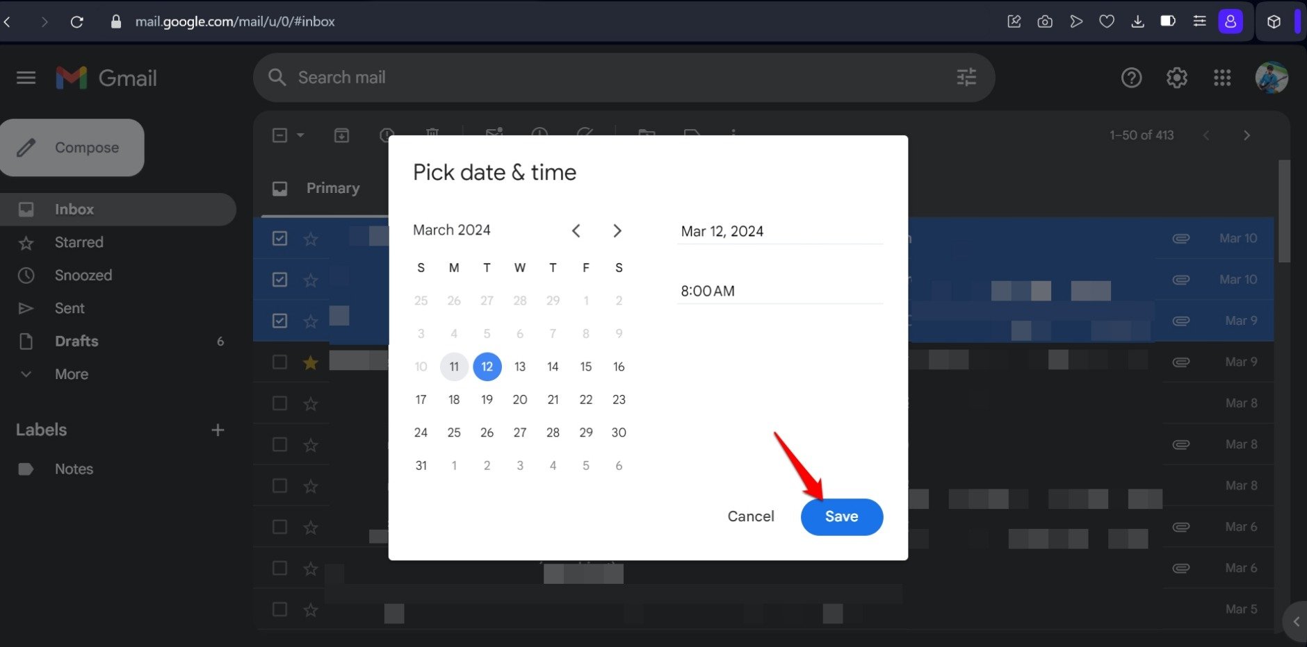 save date and time to snooze email