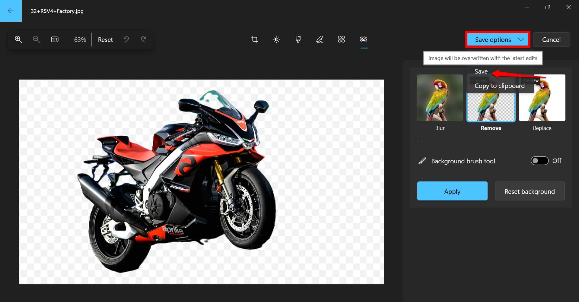How to Make Background Transparent in Windows Photos App 7 save image after making the background transparent