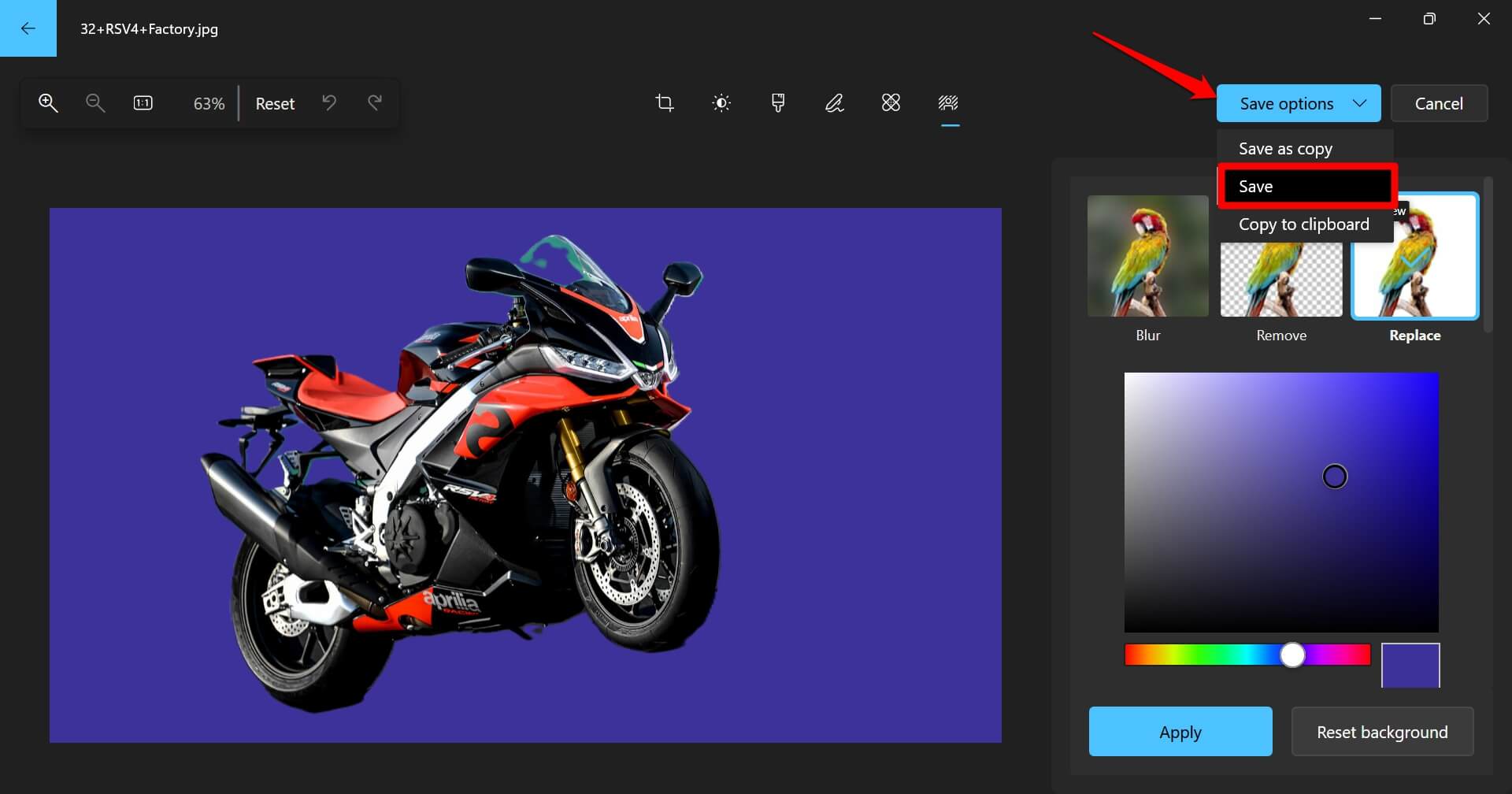How to Make Background Transparent in Windows Photos App 18 save image after replacing the background