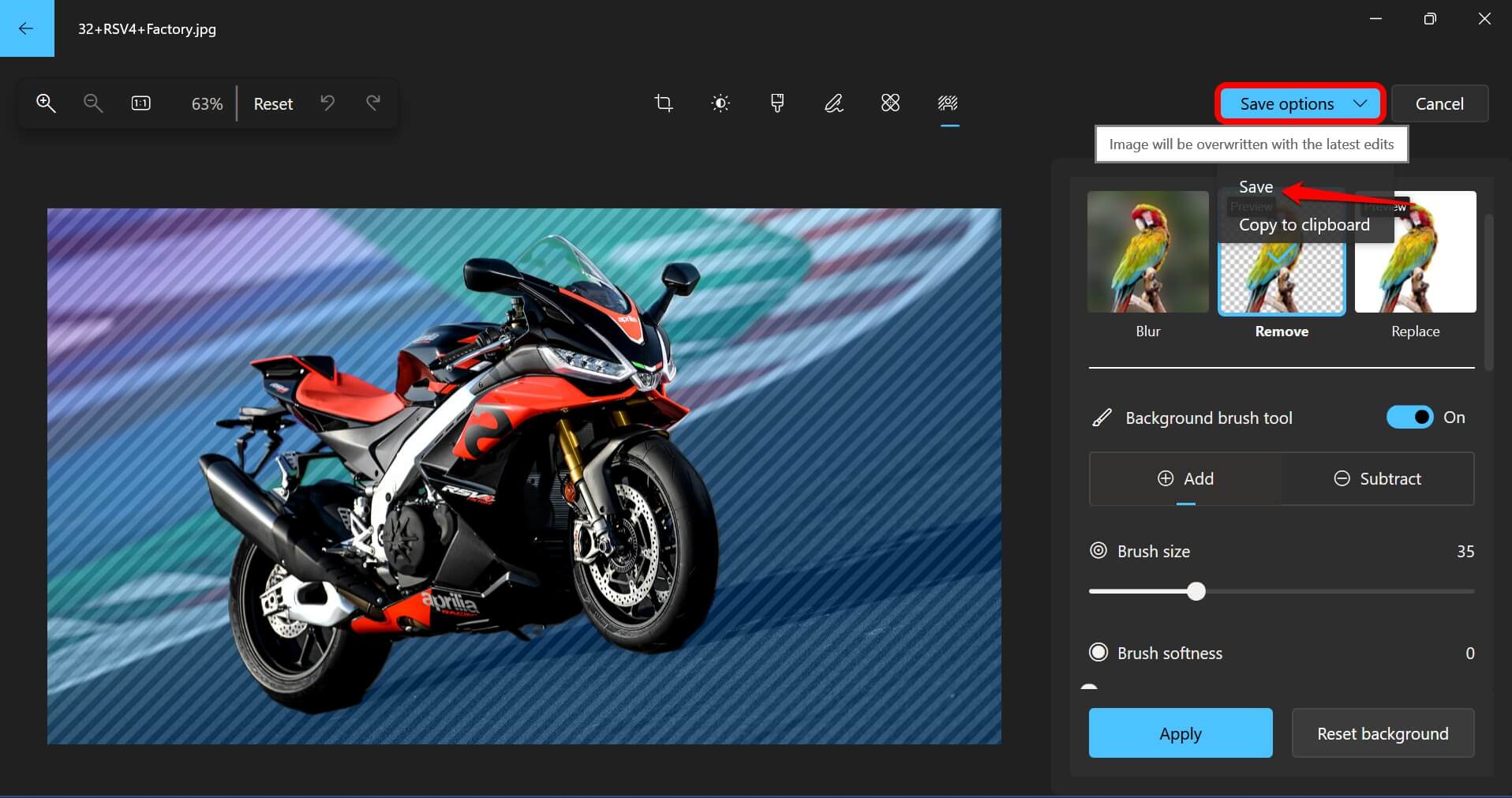 How to Make Background Transparent in Windows Photos App 9 save the edited image with background removed