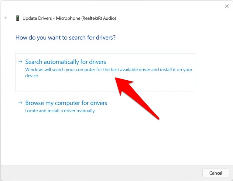 search automatically for microphone drivers in windows 11