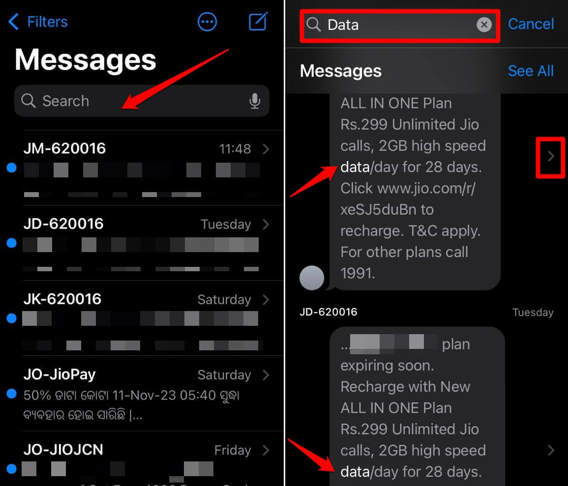 How to Use Search Keywords or Filters in iPhone Messages 3 search message using a word