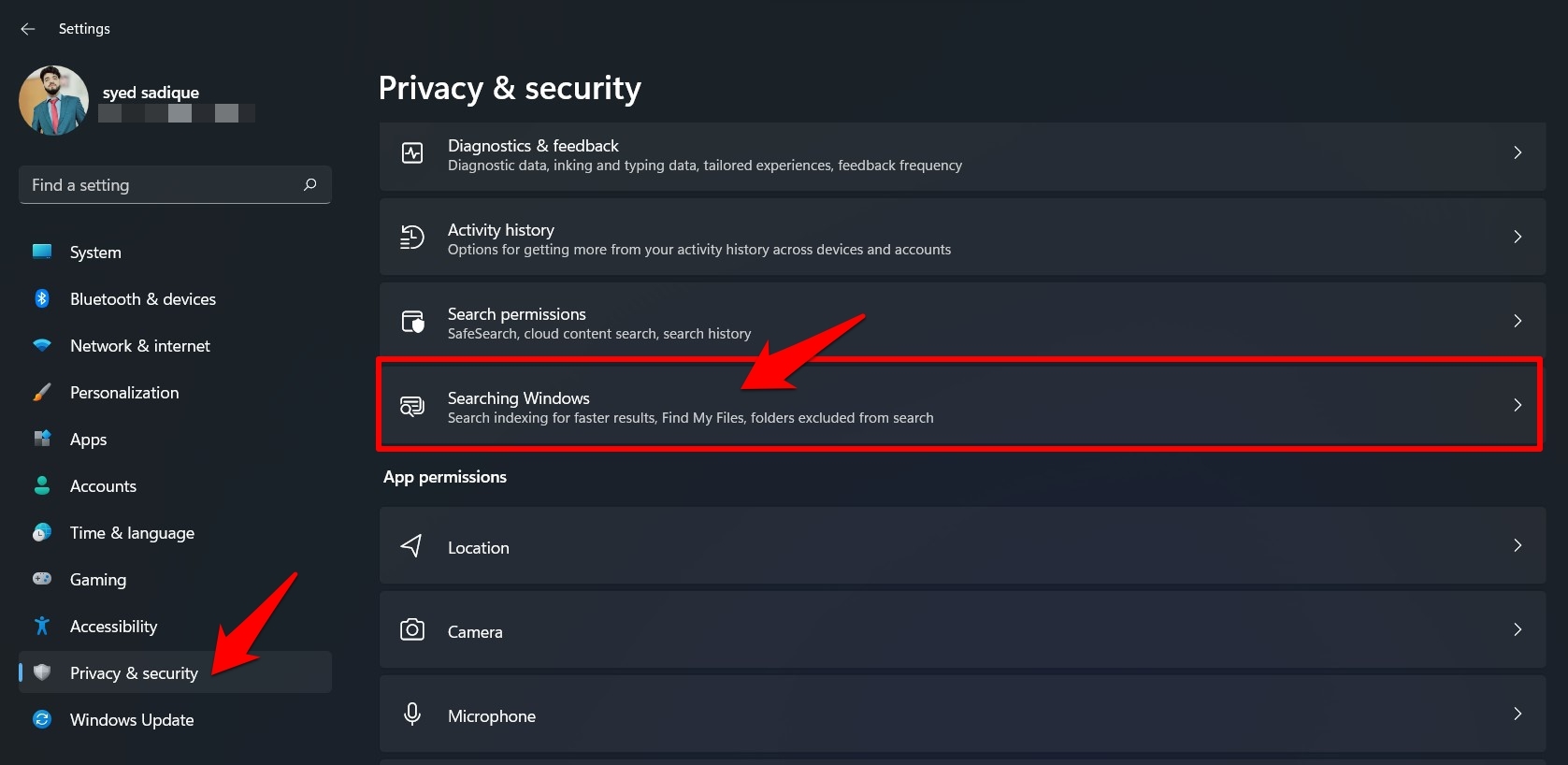 How to Fix Windows 11 Search High CPU Usage? 2 searching windows option in privacy and security