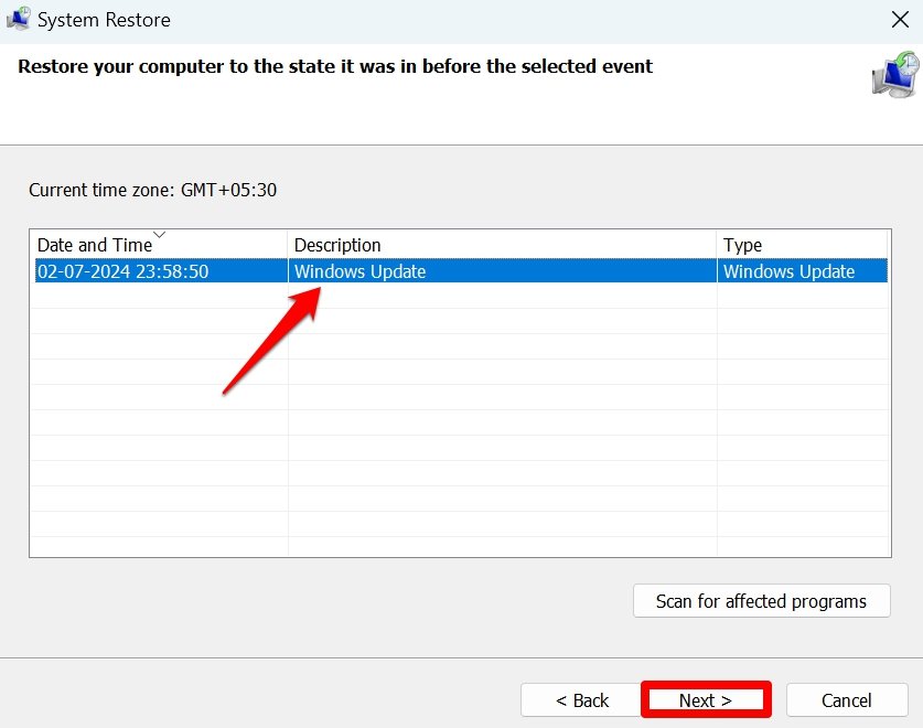select Restore Point Windows 11