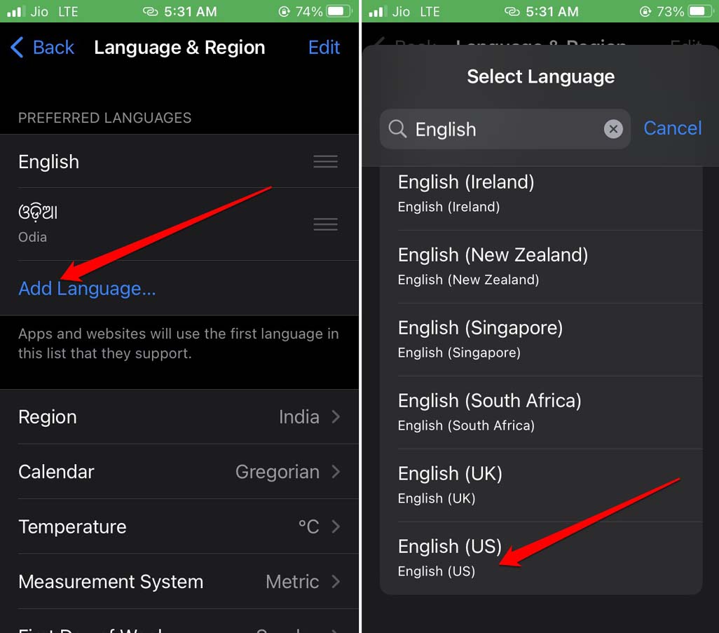How to Use Live Captions in iOS 16? 3 select US English language