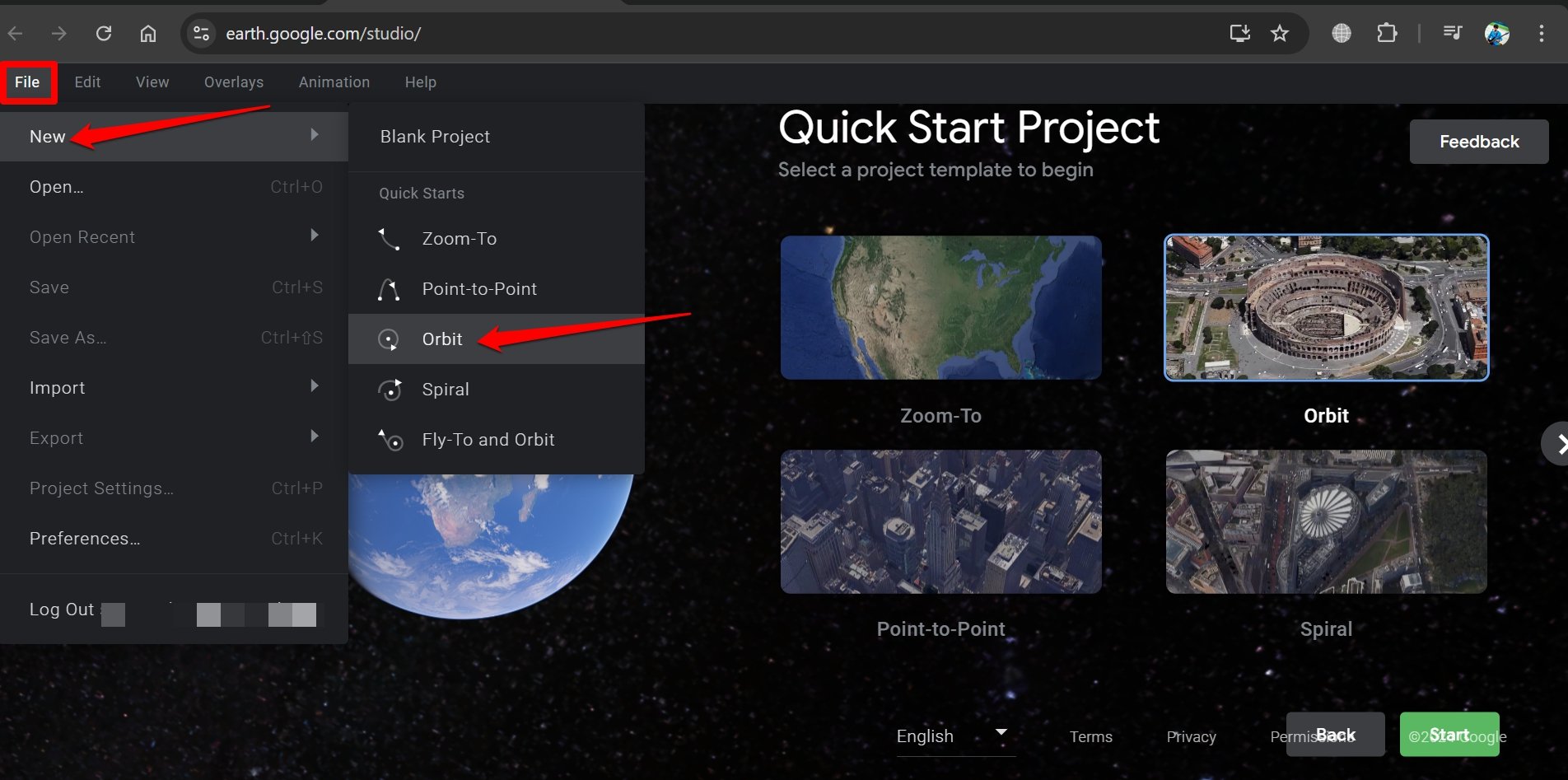 How to Create Fake Drone Shots Using Google Earth Studio? 9 select a preset in Earth Studio