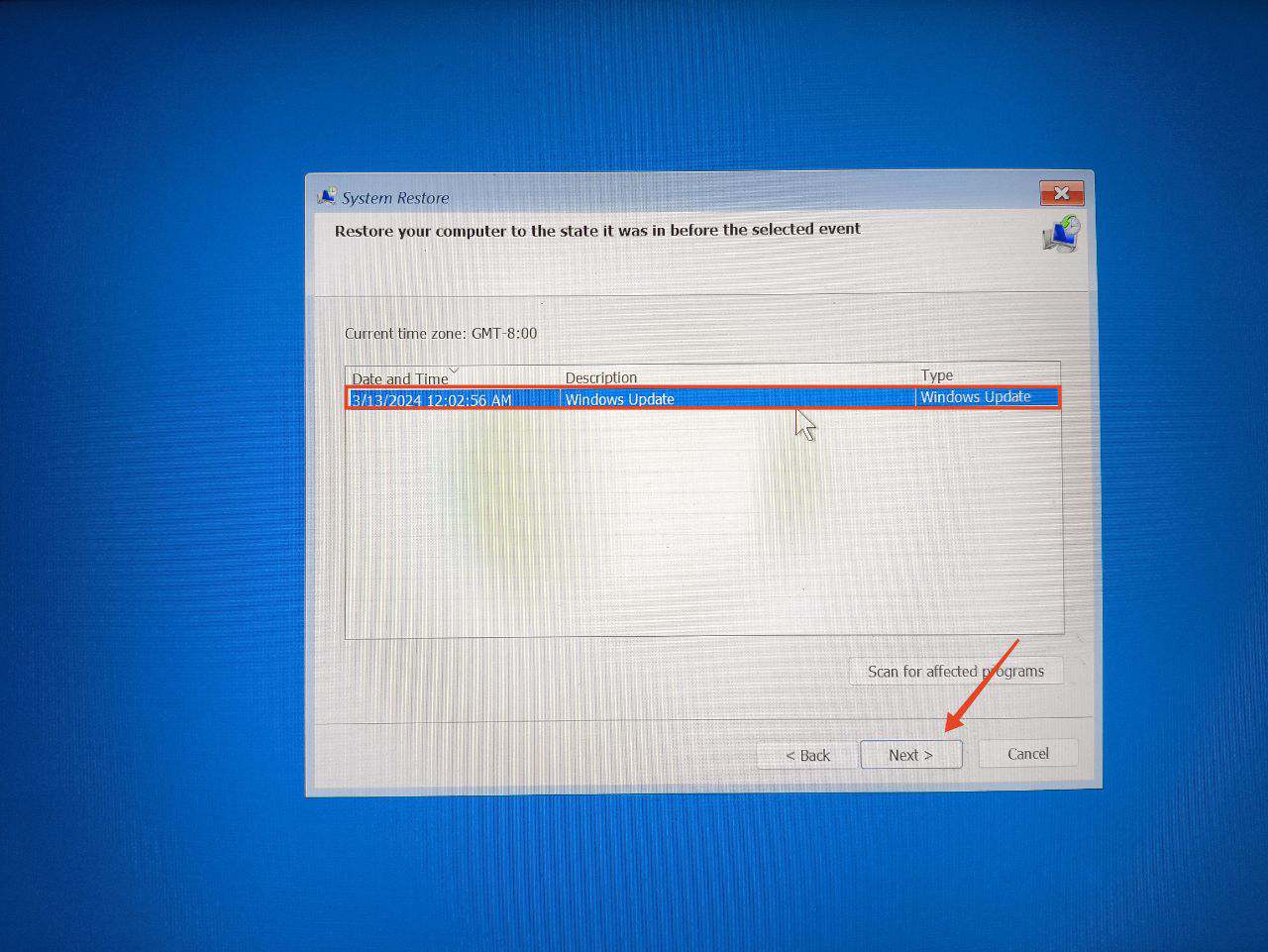 select a restore point
