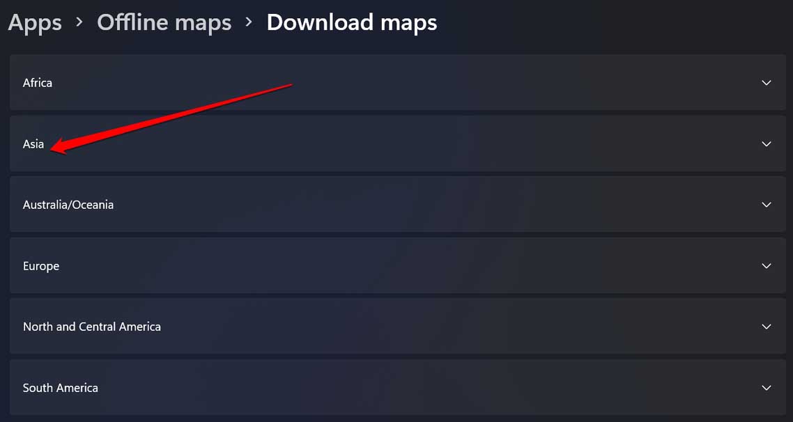 How to Use Offline Maps on Windows 11? 4 select continent