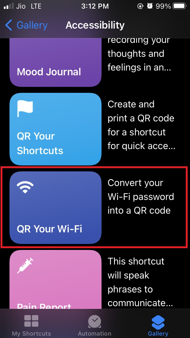 Share WiFi Password With QR Code from iPhone Using Shortcut 4 select qr your wifi shortcut