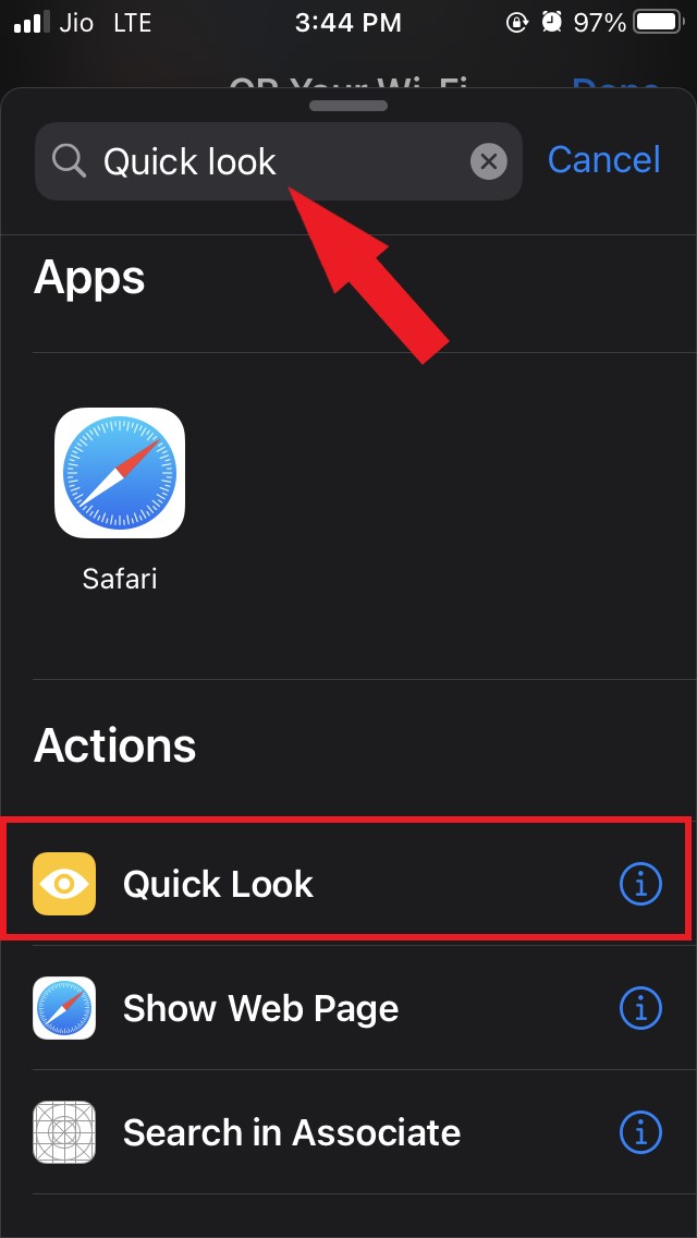 Share WiFi Password With QR Code from iPhone Using Shortcut 9 select quick look action for shortcut