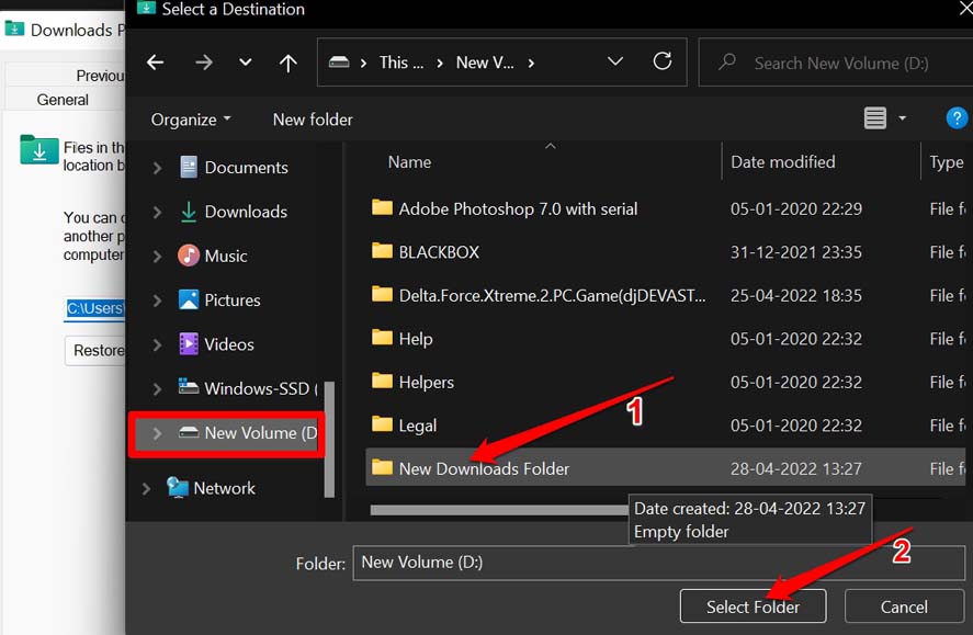 select the destination folder