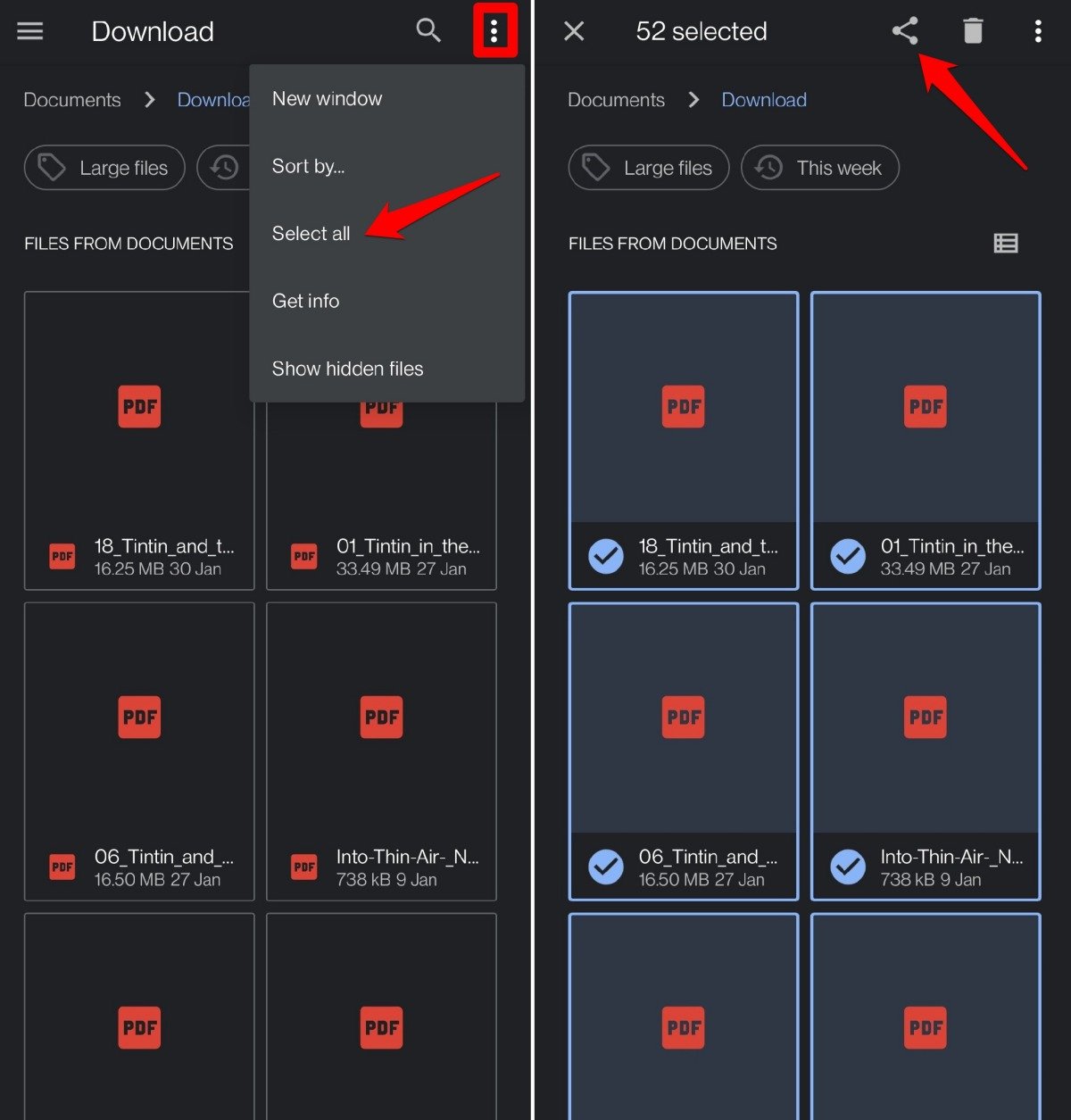 select the files in a folder to share