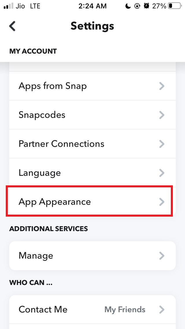 How To Use Dark Mode In Snapchat on iOS? 4 select the option App Appearance