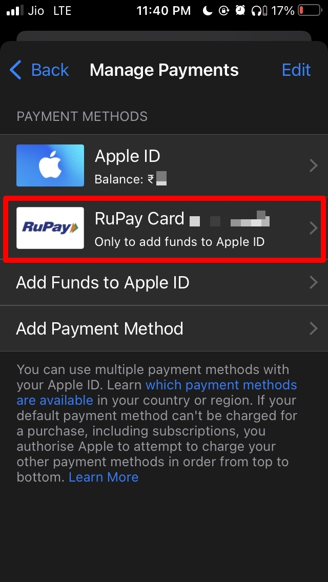 select the payment method to remove