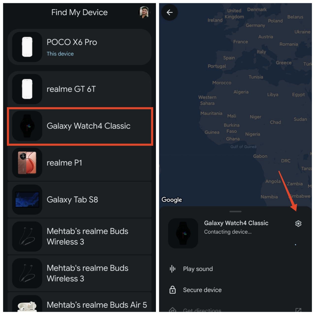 select your Galaxy watch and tap on the gear icon