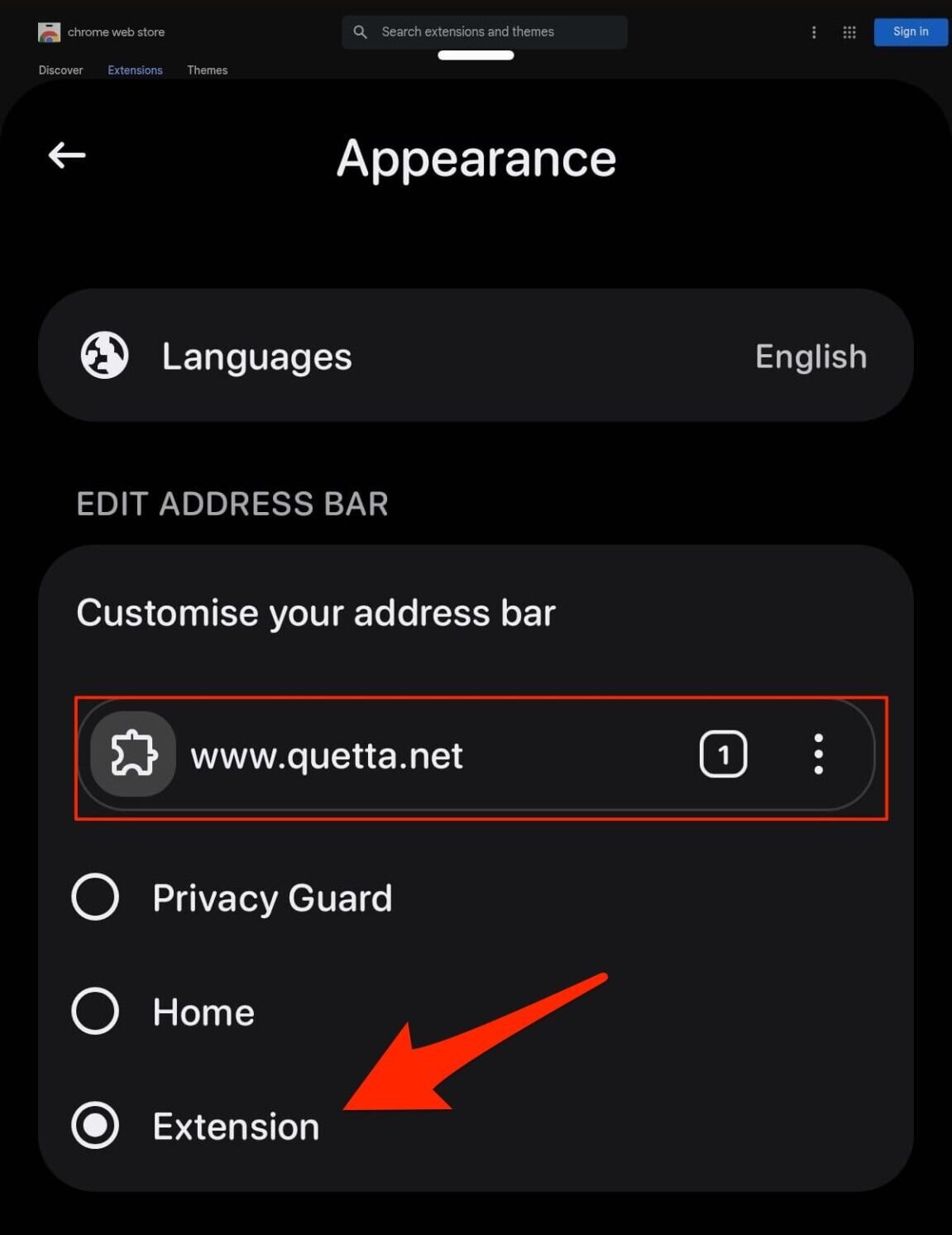 Best Kiwi Alternative: Install Chrome Extensions on Android 10 select Extensions under 'Customize address bar'