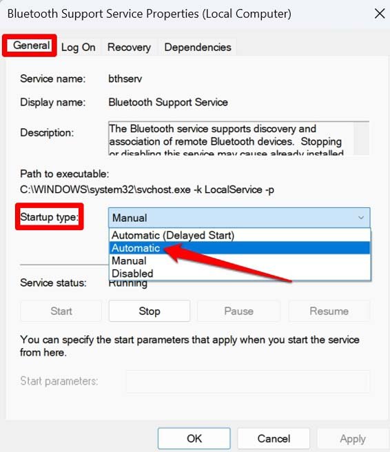 set Bluetooth support service to automatic at startup