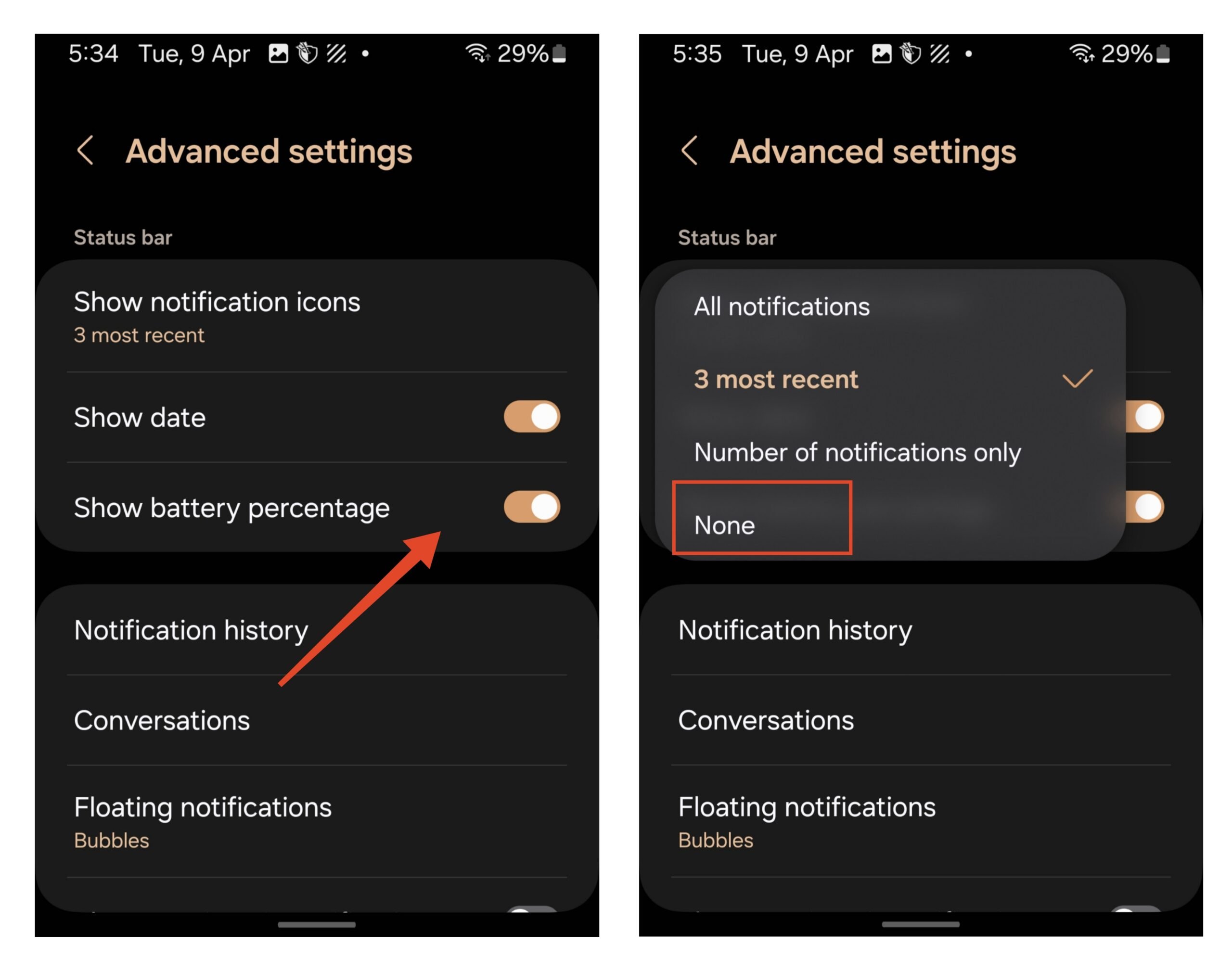 set Notifications icons to None