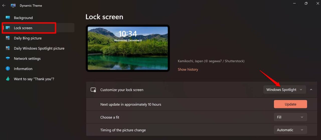 set Windows spotlight using Dynamic theme app