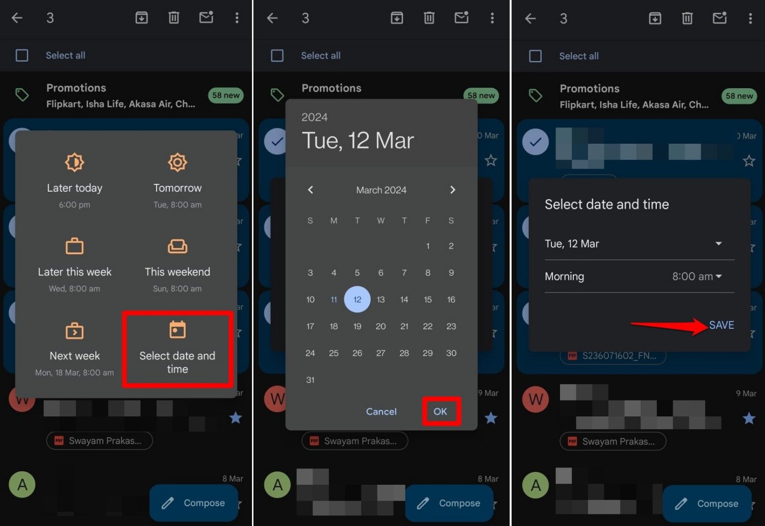 set custom snooze time for emails in Gmail app