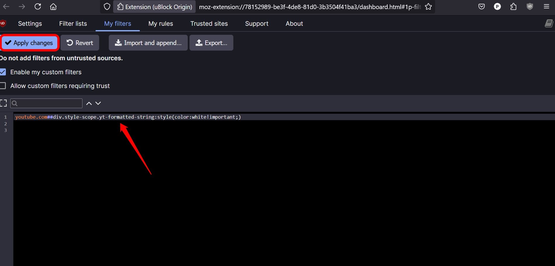How to Fix YouTube Comment Showing Black Text in Dark Mode? 10 set custom ublock filter to change text color in Firefox