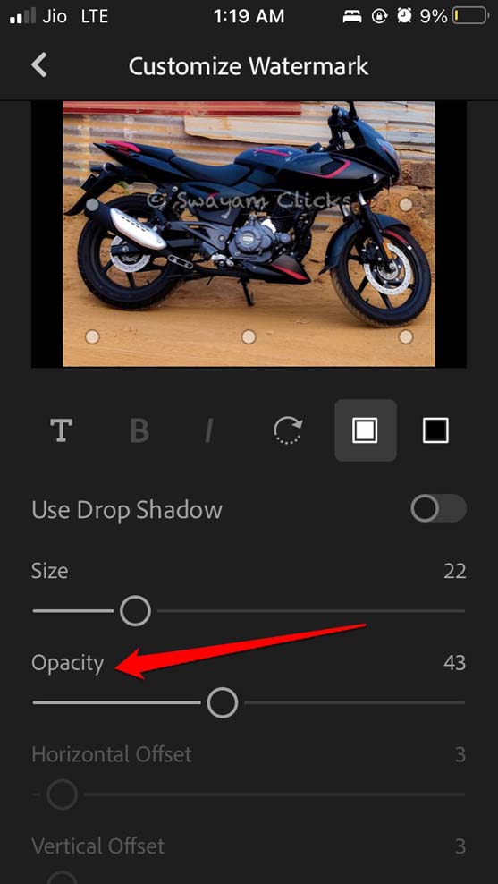 How to Add Watermark to Photos on iPhone Using in-built Photo Editor 15 set opacity of watermark on Adobe Lightroom