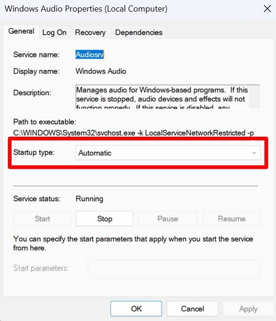 set startup type to automatic