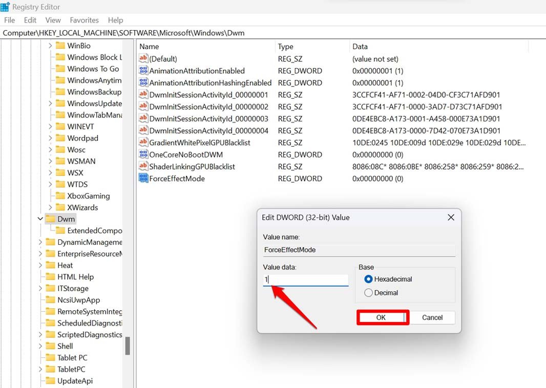 How to Make Windows 11 Taskbar Transparent? 9 set the value data for ForceEffectMode