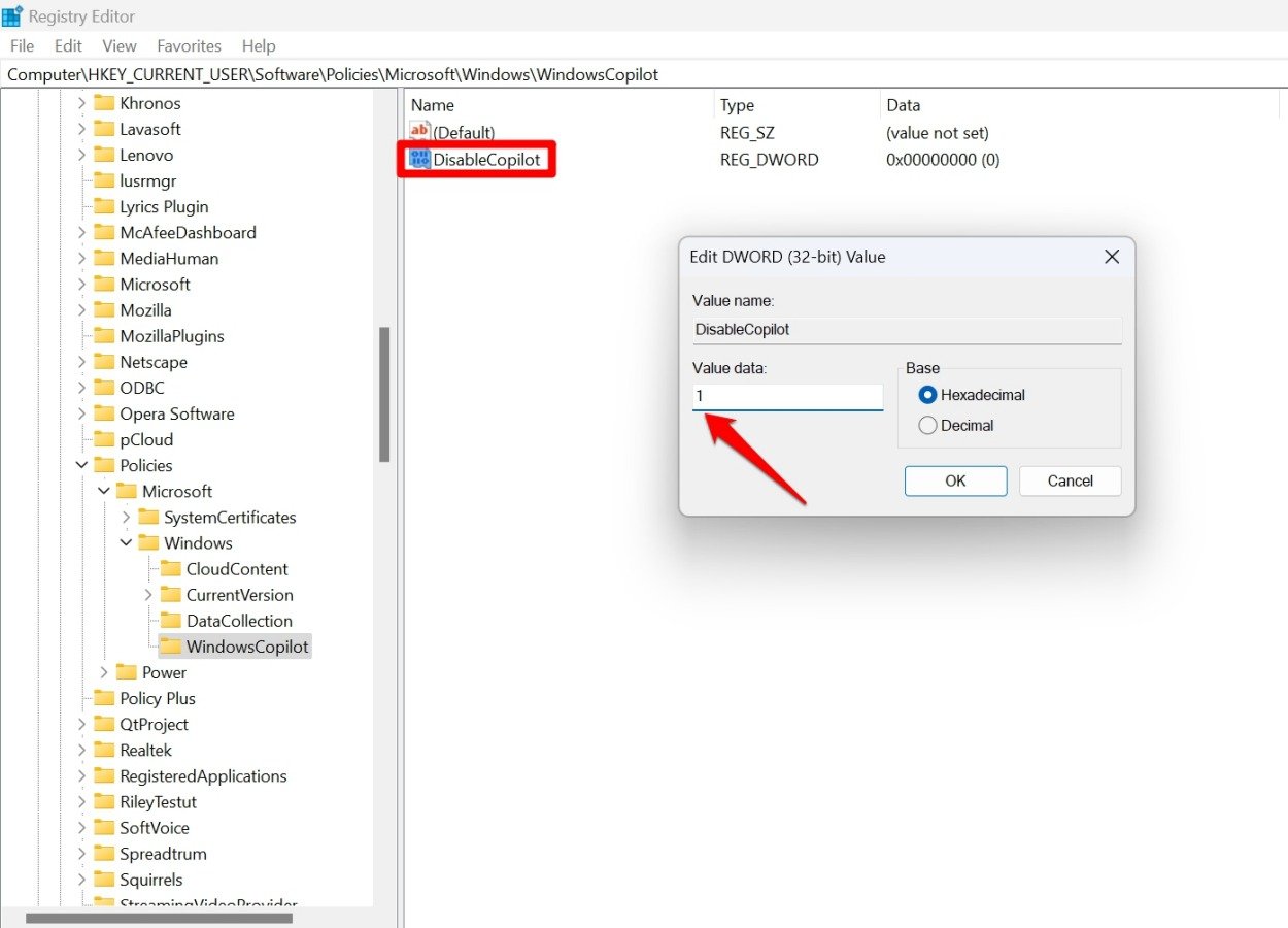How to Turn Off Copilot on Windows 11 9 set the value data to disable copilot in registry