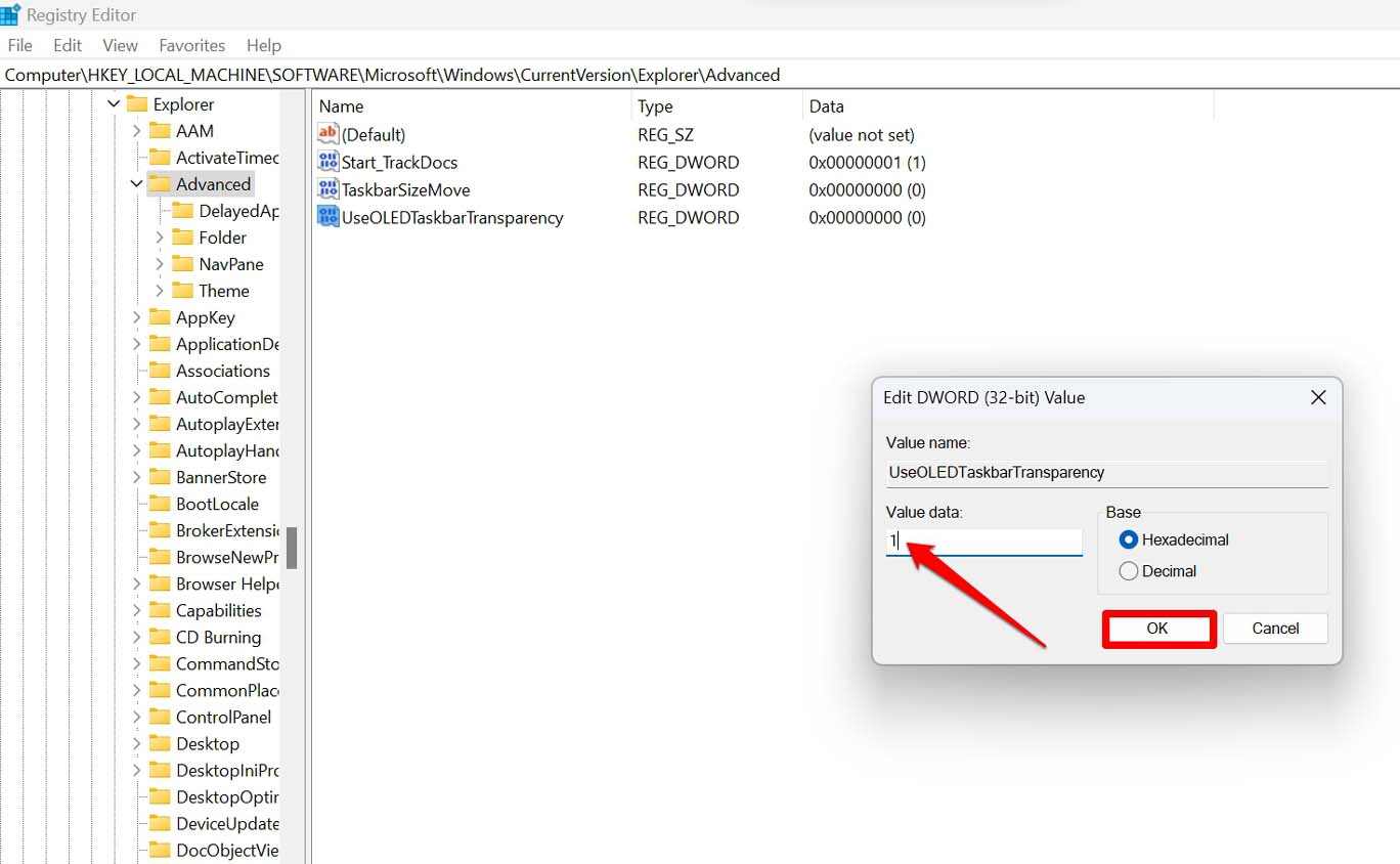 How to Make Windows 11 Taskbar Transparent? 12 set the valuedata for UseOLEDTaskbarTransparency