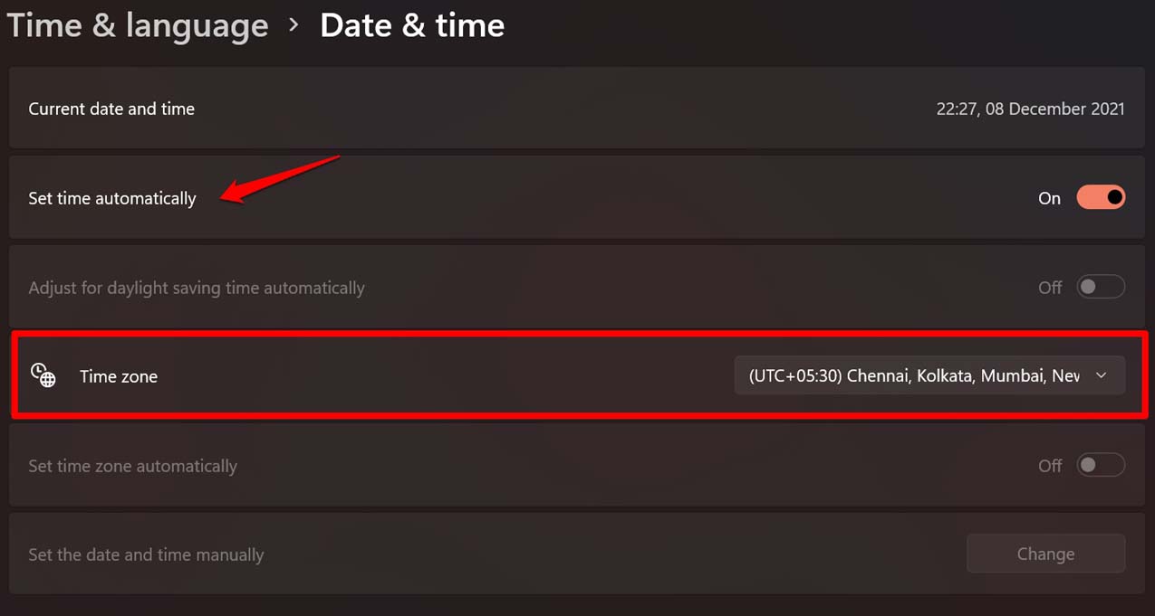 set time automatically on Windows 11