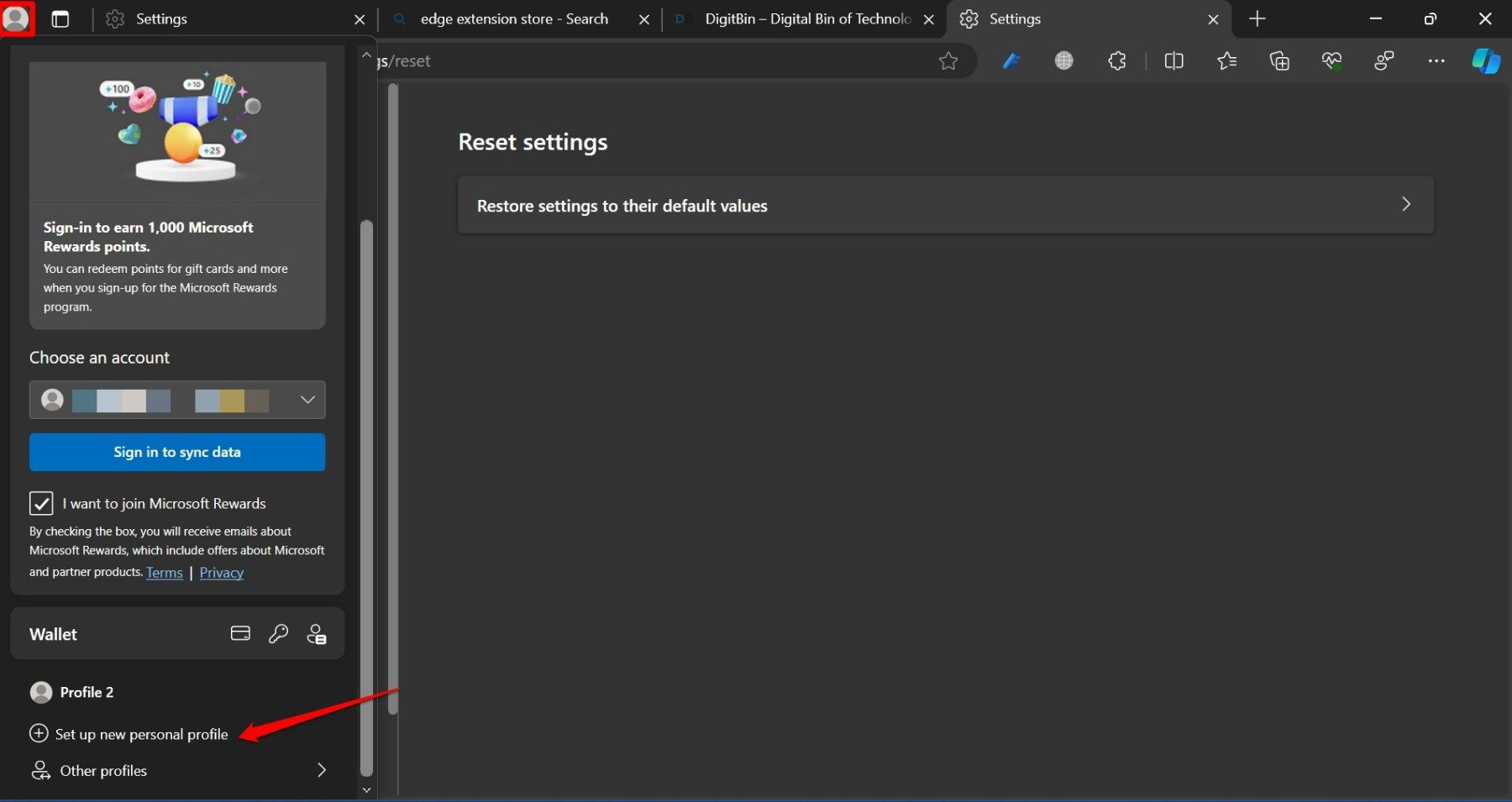 set up a new personal profile on Microsoft Edge browser