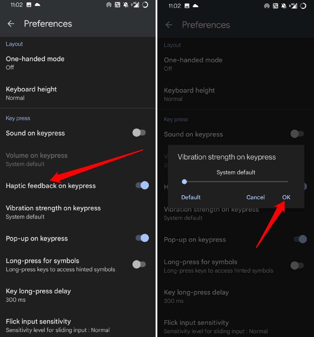 set vibration strength on keypress Gboard