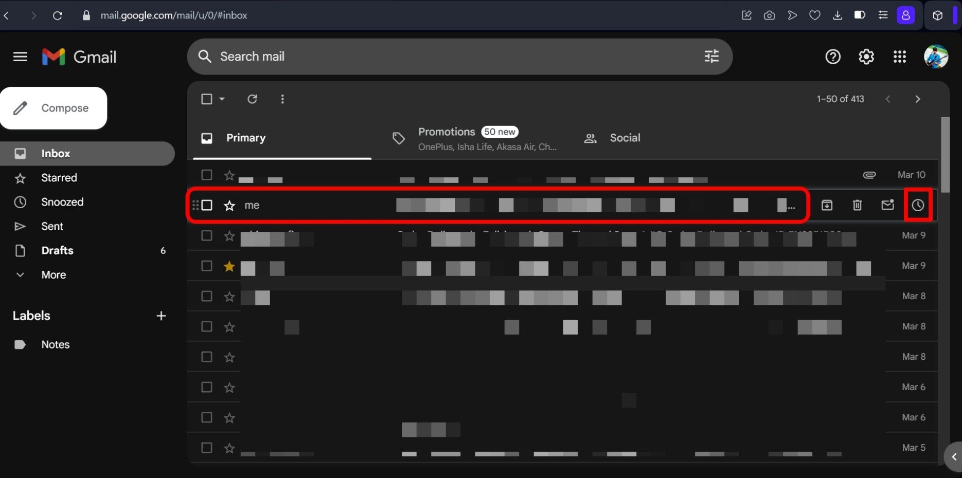 snooze an individual email in Gmail web