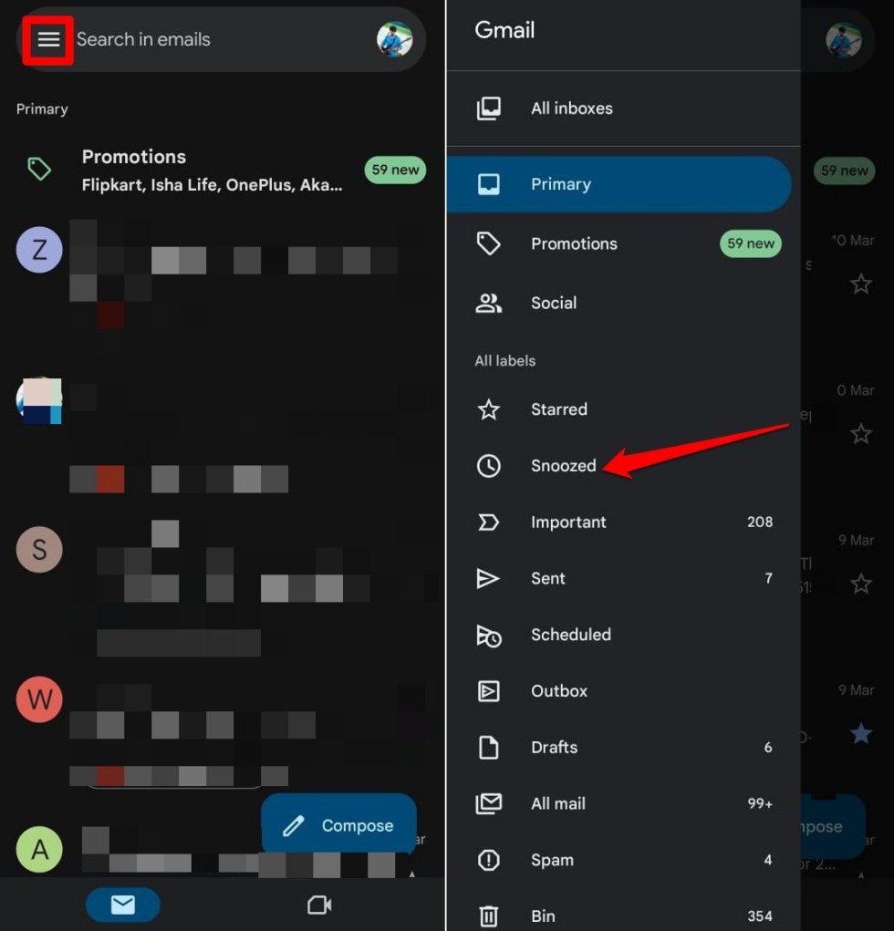 snoozed mails in Gmail app