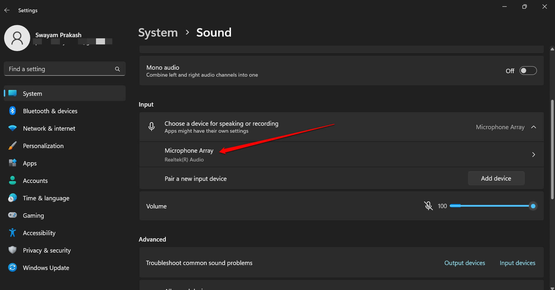 sound input settings