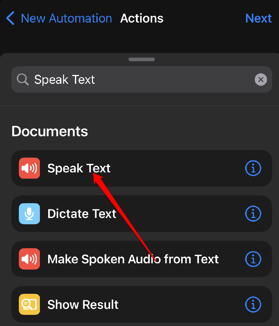 Search for and select Speak Text