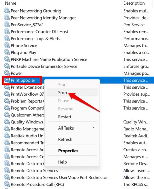 How to Remove a Stuck Print Job in Windows 11? 6 stop print spooler
