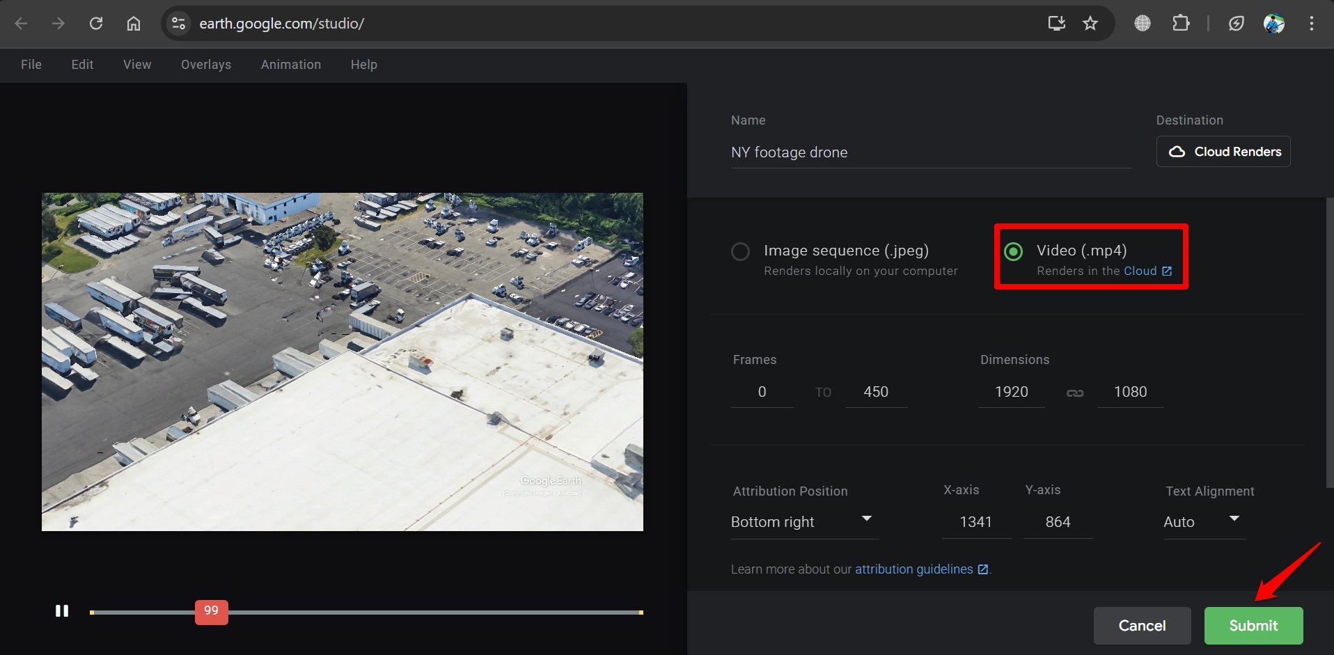 How to Create Fake Drone Shots Using Google Earth Studio? 22 submit drone video to render in cloud
