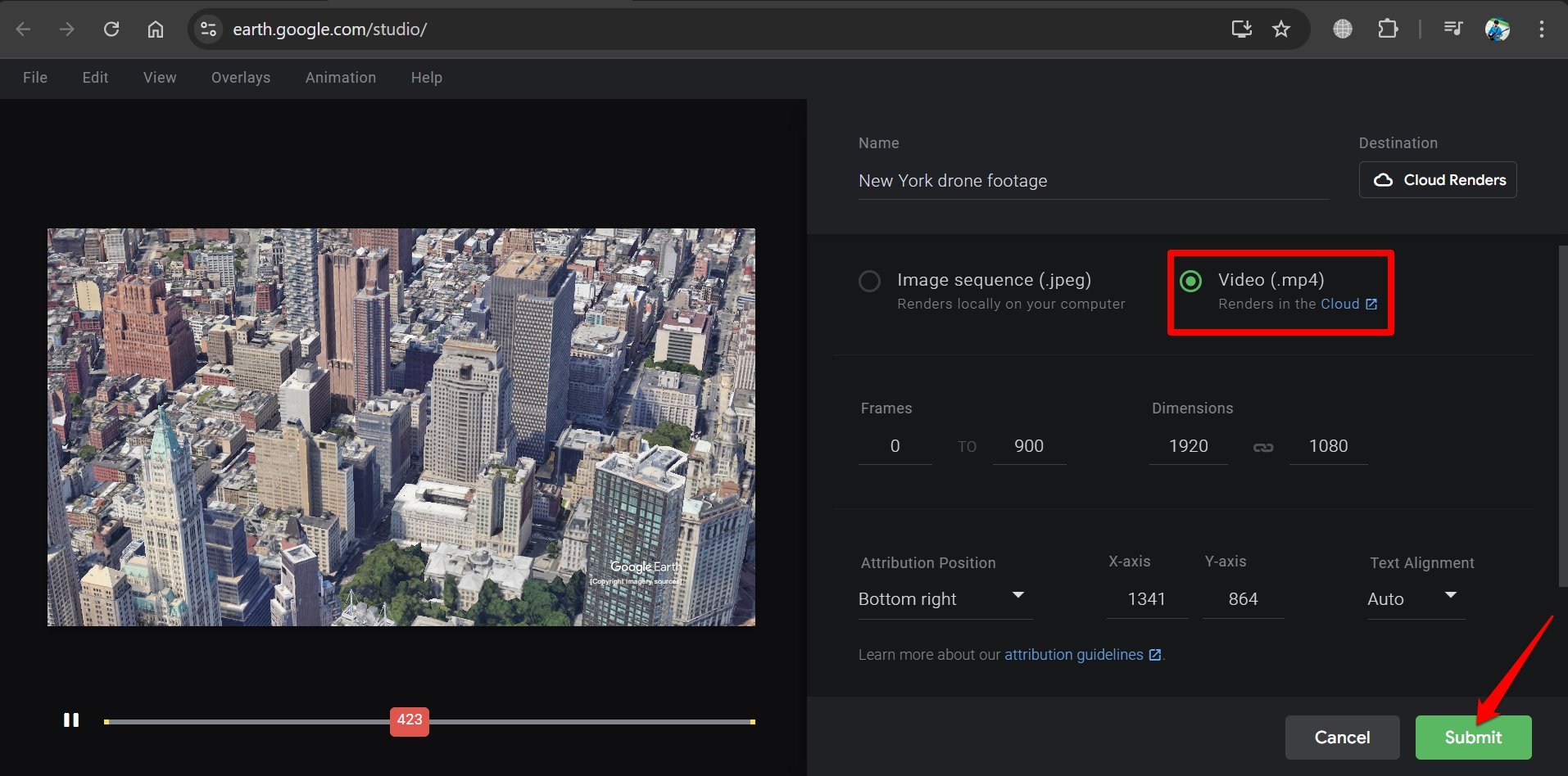 How to Create Fake Drone Shots Using Google Earth Studio? 14 submit the video render of drone footage