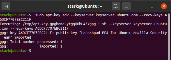 Firefox for Linux | Complete Installation Guide 11 $ sudo apt-key adv --keyserver keyserver.ubuntu.com --recv-keys A6DCF7707EBC211F