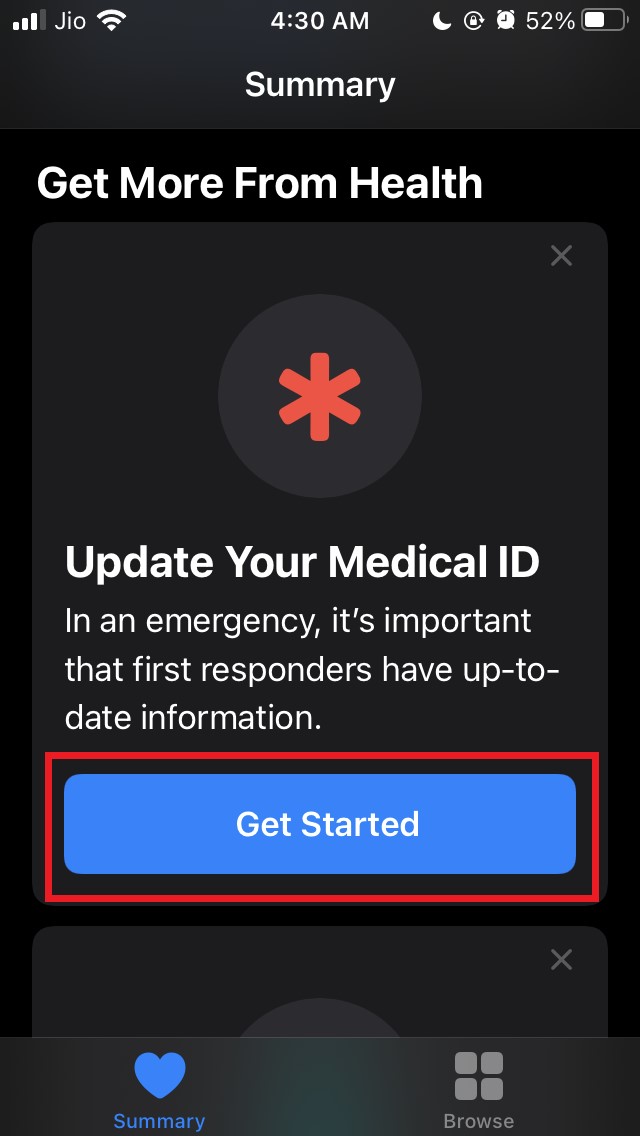 tap-get-started to set up medical ID