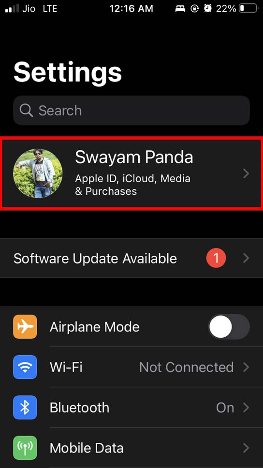 tap on Apple ID iOS