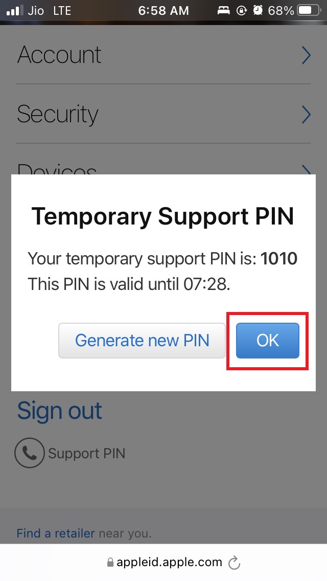 How to Generate Apple Support PIN on iPhone? 7 tap on OK
