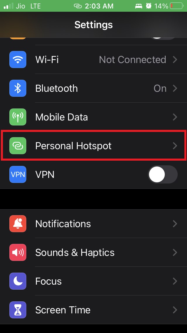 tap on Personal hotspot