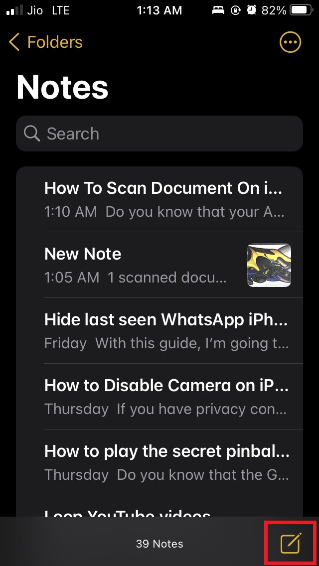 How To Scan Document On iPhone Or iPad Using the Notes App? 2 tap on create new note